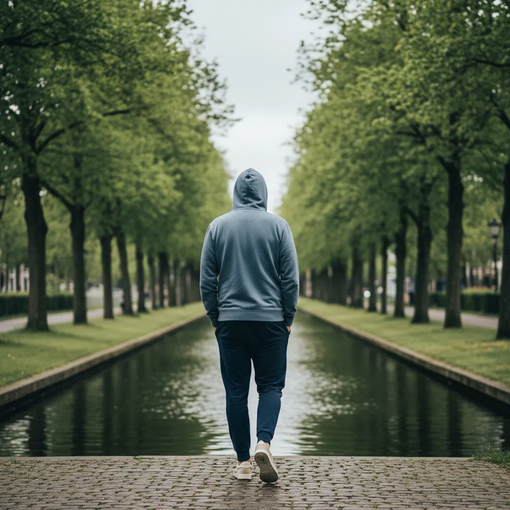 Anonieme man van achteren wandelend langs Nederlandse gracht omringd door bomen