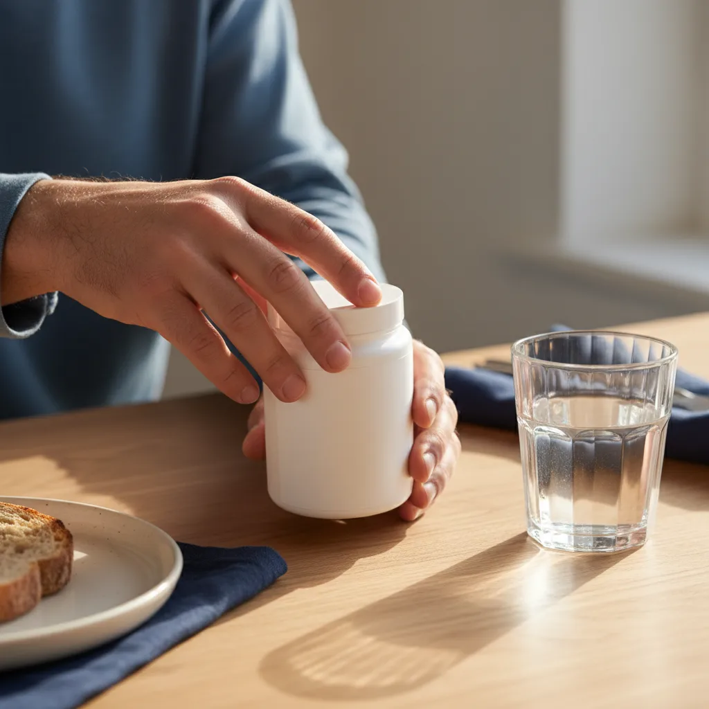 Mannenhanden plaatsen Alpha Drive pot naast glas water op ontbijttafel
