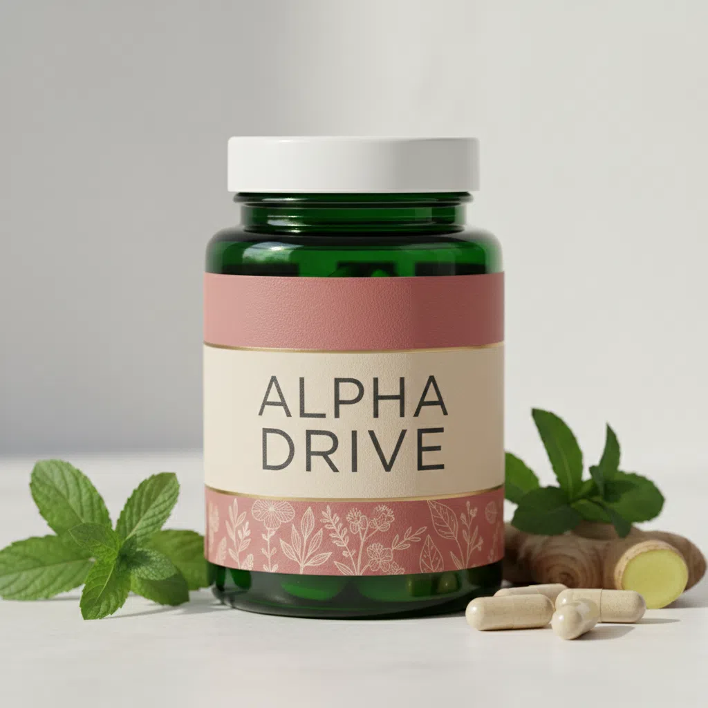 Alpha Drive supplement pot voedingssupplement voor mannen, witte ronde pot met lichtblauwe hexagoon accenten